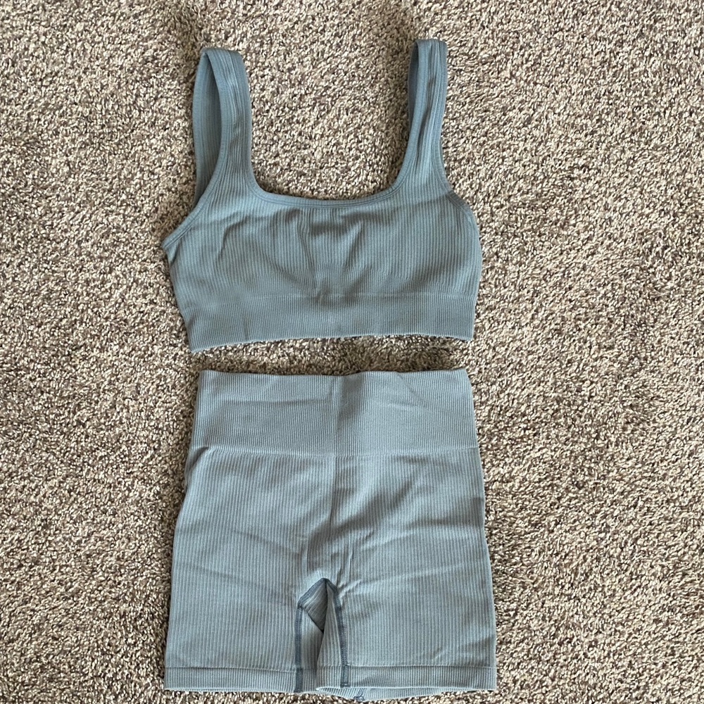 Blue Ribbed Sports Bra and Shorts Set